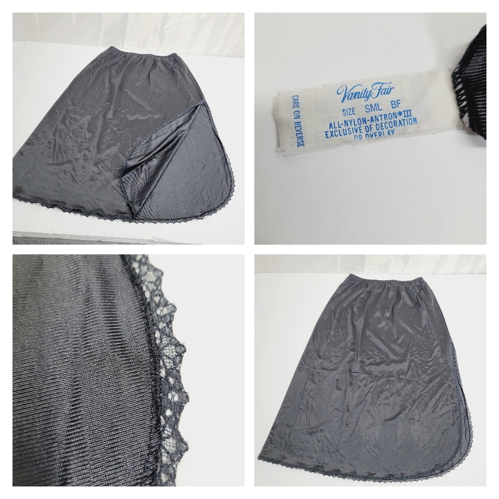 *24 Vanity fair small 1980's half slip high side slit solid black 27" long